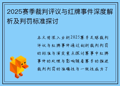 2025赛季裁判评议与红牌事件深度解析及判罚标准探讨