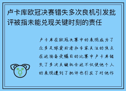 卢卡库欧冠决赛错失多次良机引发批评被指未能兑现关键时刻的责任