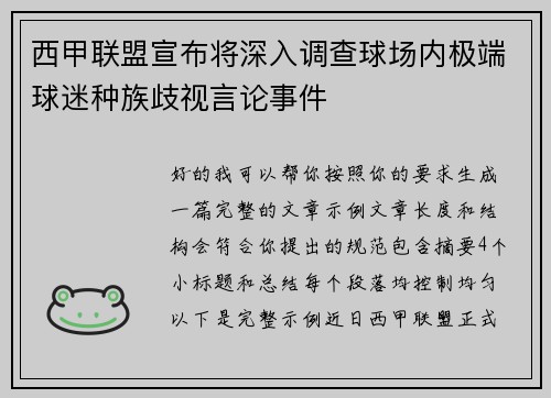 西甲联盟宣布将深入调查球场内极端球迷种族歧视言论事件