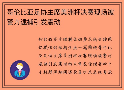哥伦比亚足协主席美洲杯决赛现场被警方逮捕引发震动