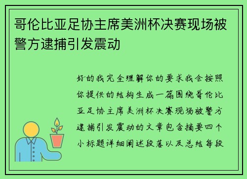 哥伦比亚足协主席美洲杯决赛现场被警方逮捕引发震动